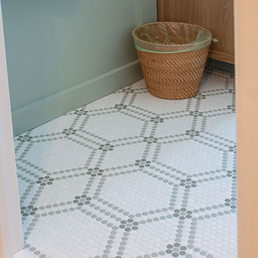 Green Board and Batten Bathroom with Penny Tile Floors