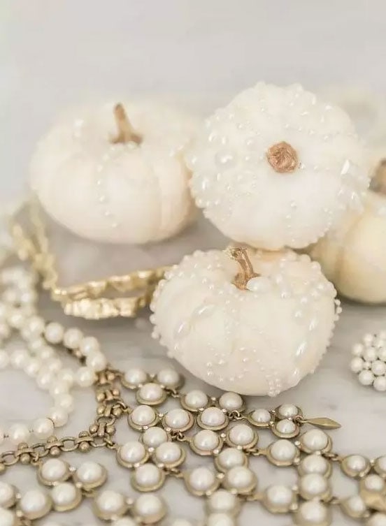 pearl pumpkins glam ideas for halloween - no carve pumpkin decorating ideas