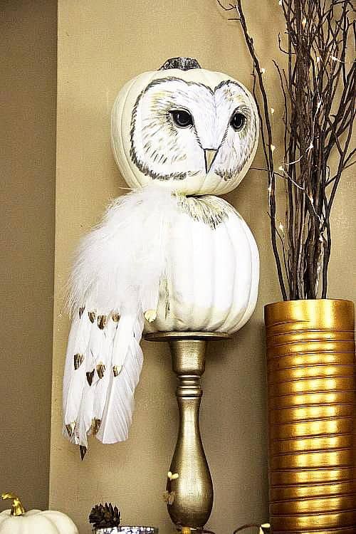 stacked owl pumpkin topiary - no carve pumpkin decorating ideas