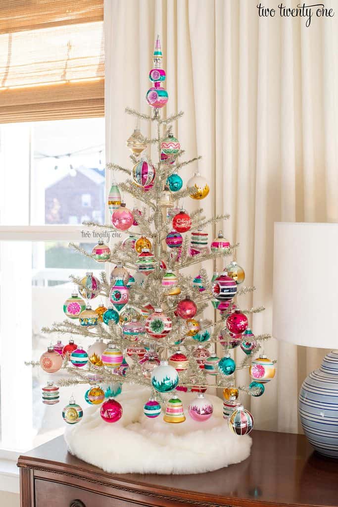 mini silver tinsel-tree-with-shiny-brite-ornaments